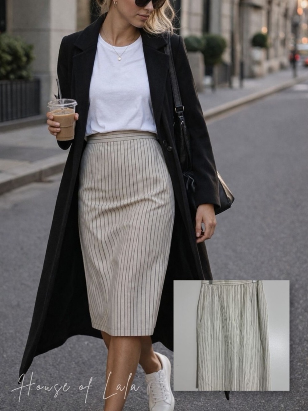 Louis Feraud High-Waist Pinstripe Pencil Skirt, Cream Grey. Designer Minimalist